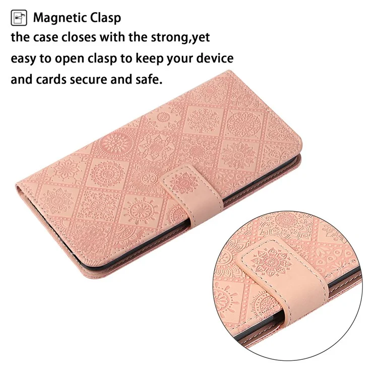 Leather Wallet Case for iPhone 15 Pro , Imprinted Flower Folio Flip Stand Phone Cover - Pink