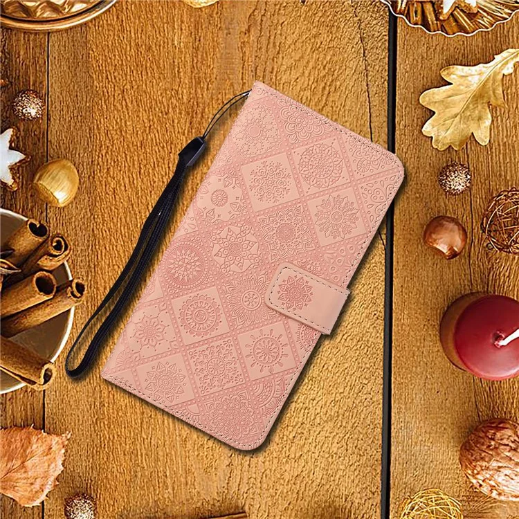 Leather Wallet Case for iPhone 15 Pro , Imprinted Flower Folio Flip Stand Phone Cover - Pink