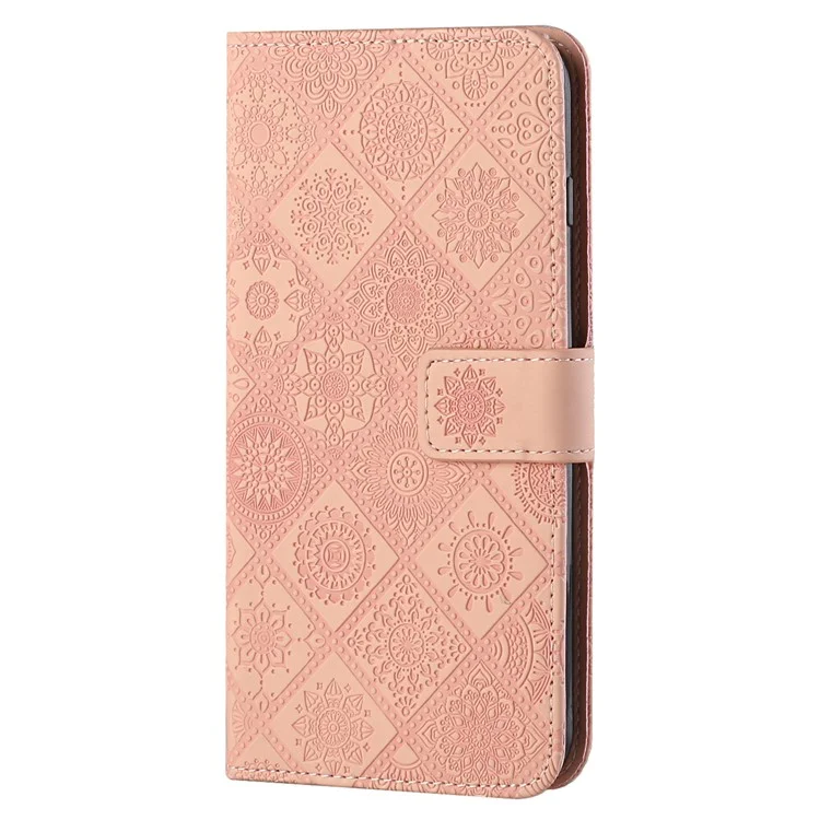 Leather Wallet Case for iPhone 15 Pro , Imprinted Flower Folio Flip Stand Phone Cover - Pink