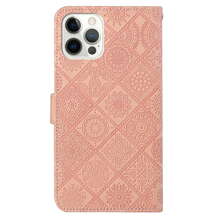 Leather Wallet Case for iPhone 15 Pro , Imprinted Flower Folio Flip Stand Phone Cover - Pink