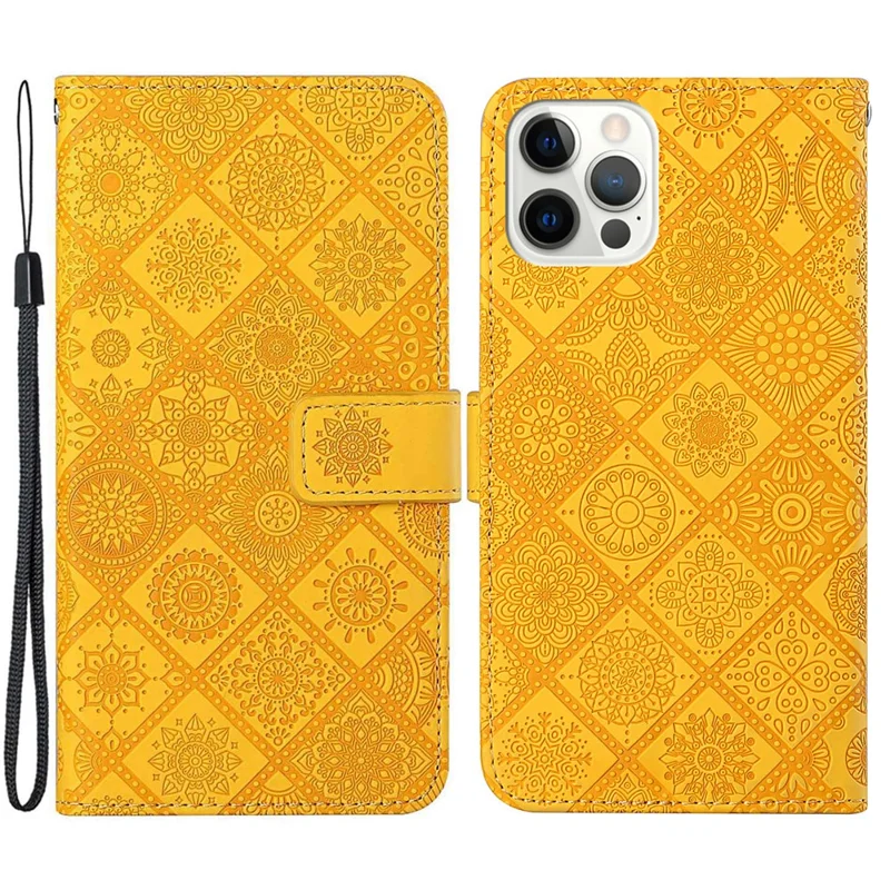 Leather Wallet Case for iPhone 15 Pro Max , Imprinted Flower Phone Stand Anti-fall Cover - Yellow