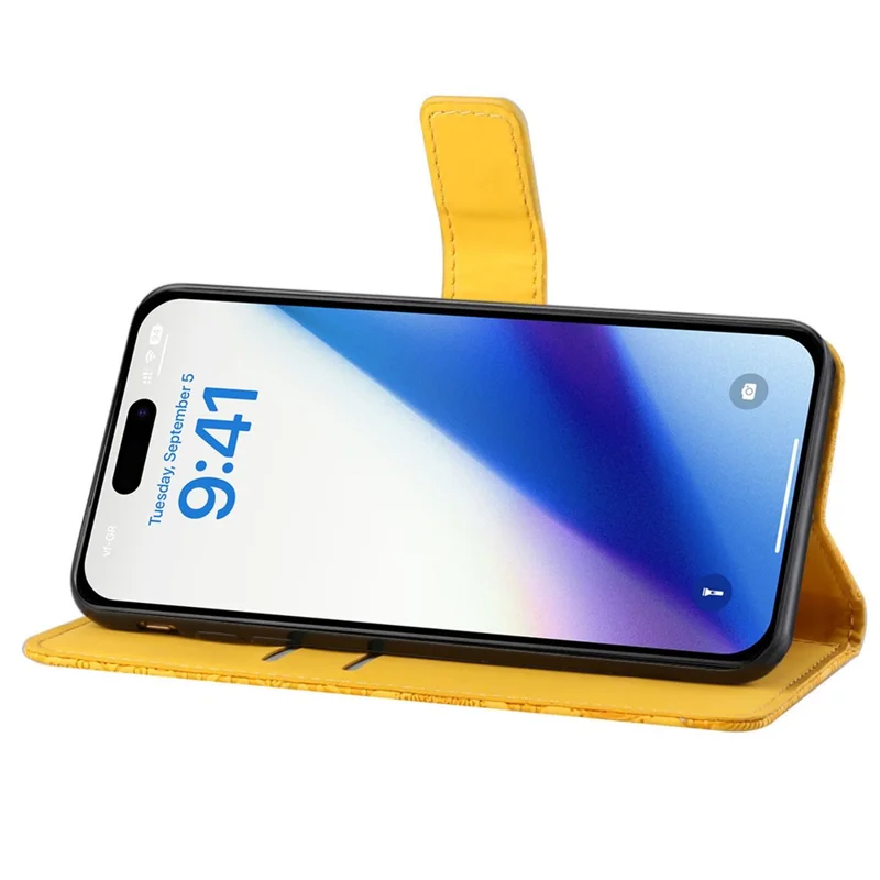 Leather Wallet Case for iPhone 15 Pro Max , Imprinted Flower Phone Stand Anti-fall Cover - Yellow