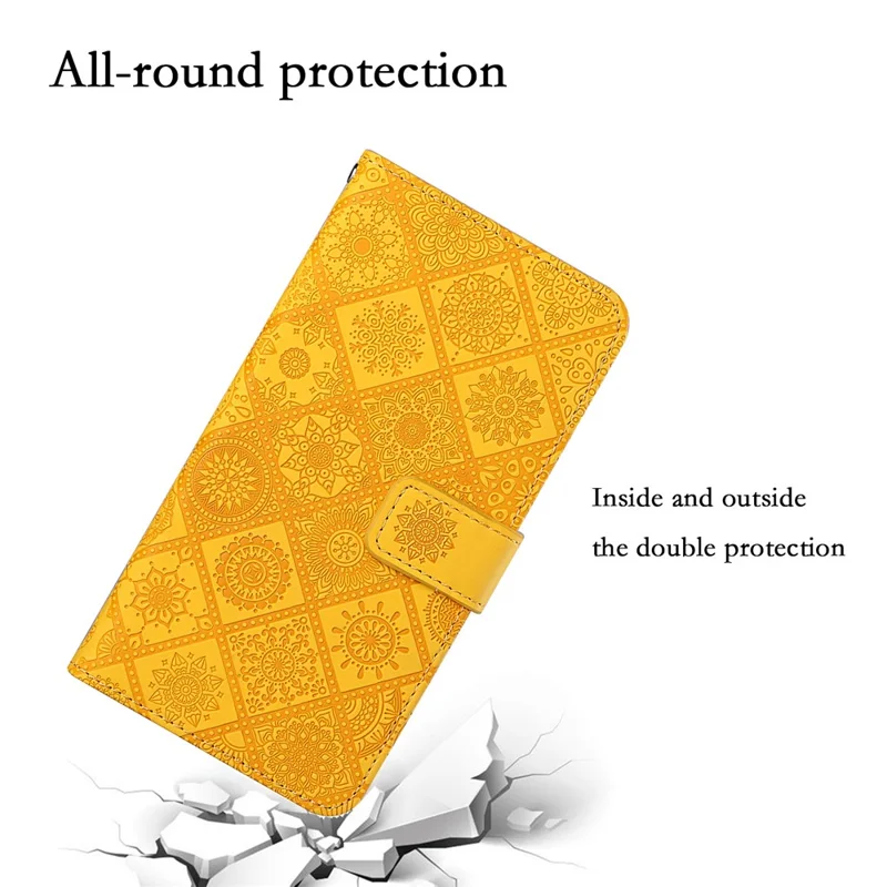 Leather Wallet Case for iPhone 15 Pro Max , Imprinted Flower Phone Stand Anti-fall Cover - Yellow