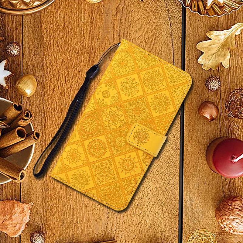 Leather Wallet Case for iPhone 15 Pro Max , Imprinted Flower Phone Stand Anti-fall Cover - Yellow