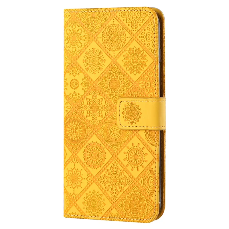 Leather Wallet Case for iPhone 15 Pro Max , Imprinted Flower Phone Stand Anti-fall Cover - Yellow