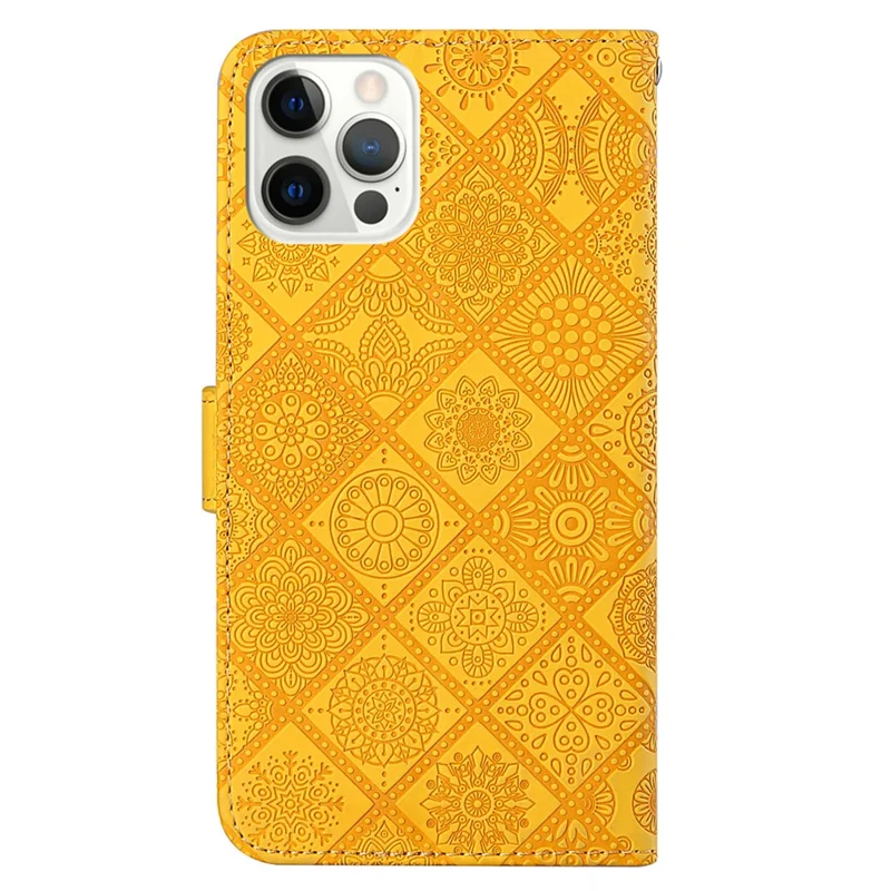 Leather Wallet Case for iPhone 15 Pro Max , Imprinted Flower Phone Stand Anti-fall Cover - Yellow
