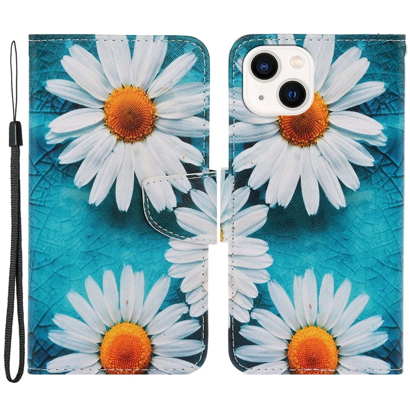 For iPhone 15 Pattern Printing Wallet Case PU Leather Cross Texture Stand Phone Cover with Strap - Chrysanthemum