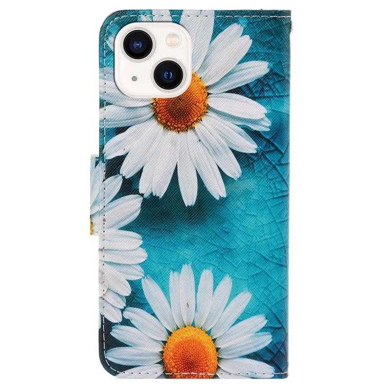 For iPhone 15 Pattern Printing Wallet Case PU Leather Cross Texture Stand Phone Cover with Strap - Chrysanthemum