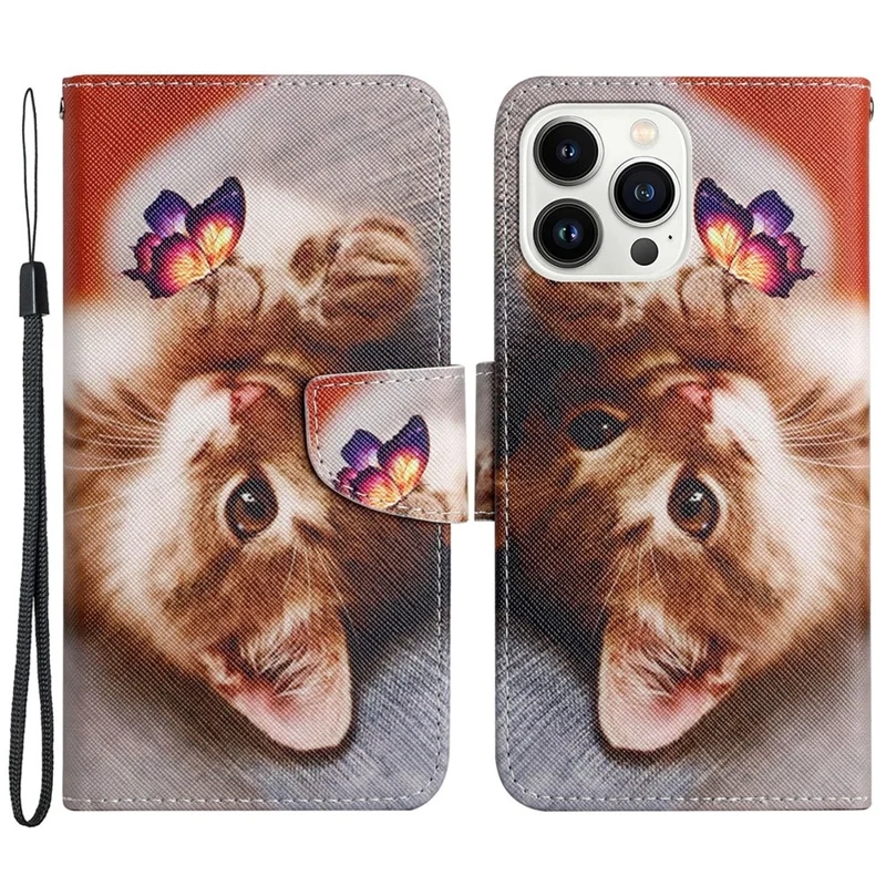 For iPhone 15 Pro Max PU Leather Wallet Case Pattern Printing Stand Cross Texture Phone Cover with Strap - Butterfly / Cat