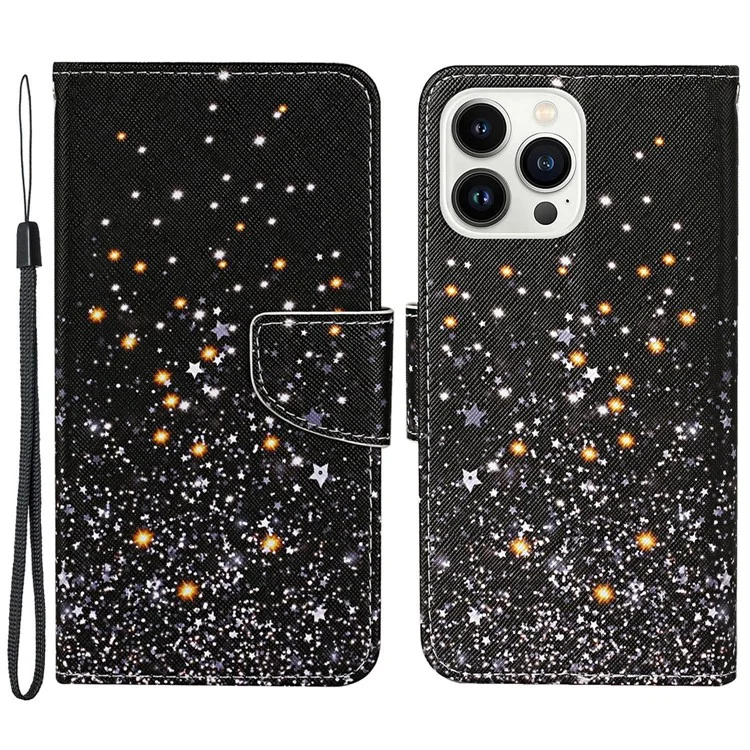 Para o iPhone 15 Pro Pattern Printing PU Leather Phone Case Cross Texture Wallet Stand Cover with Strap - Shattered Stars