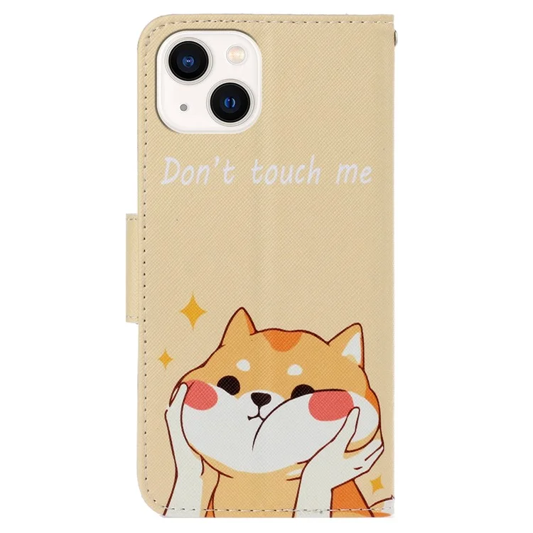 For iPhone 15 Plus Pattern Printing Flip Stand Cover PU Leather Cross Texture Wallet Phone Case with Strap - Akita Dog