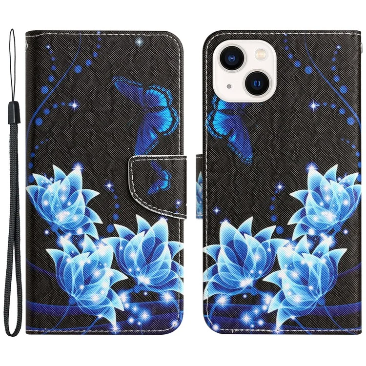 For iPhone 15 Pattern Printing Flip Wallet Case PU Leather Stand Phone Cover with Strap - Blue Butterfly