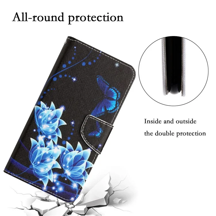For iPhone 15 Pattern Printing Flip Wallet Case PU Leather Stand Phone Cover with Strap - Blue Butterfly