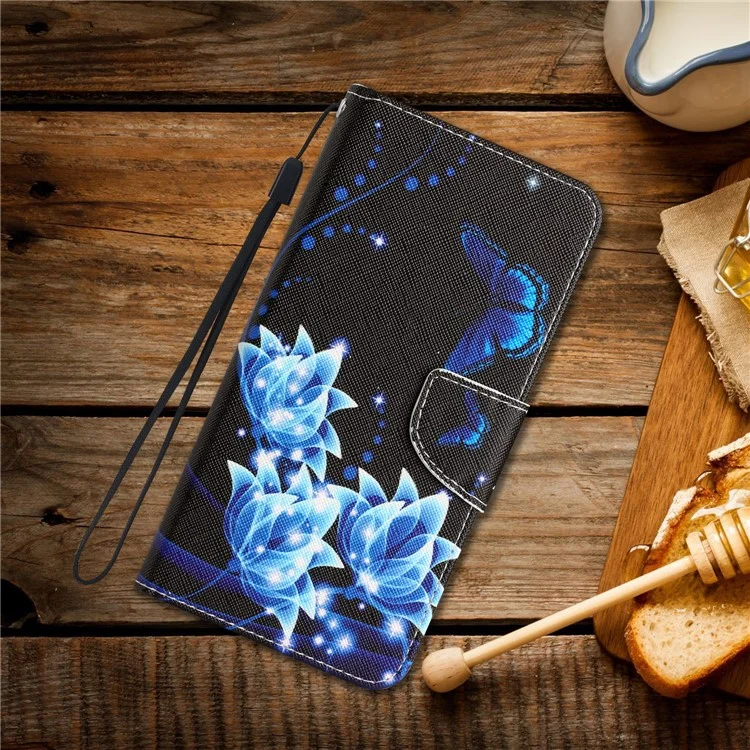 For iPhone 15 Pattern Printing Flip Wallet Case PU Leather Stand Phone Cover with Strap - Blue Butterfly