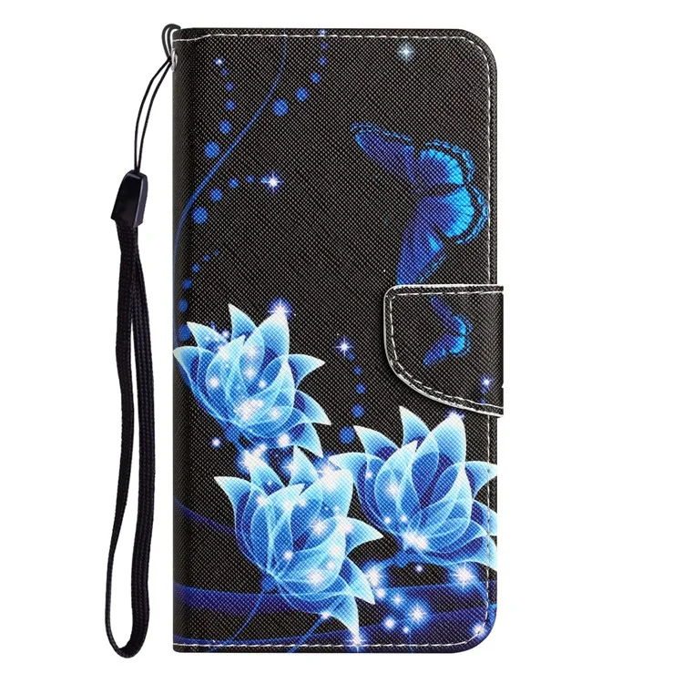 For iPhone 15 Pattern Printing Flip Wallet Case PU Leather Stand Phone Cover with Strap - Blue Butterfly