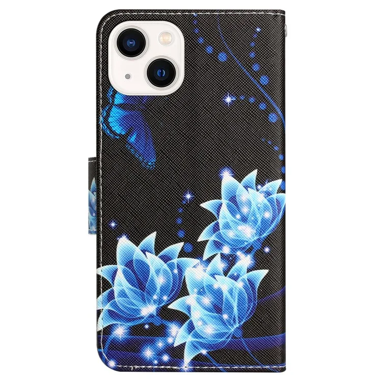 For iPhone 15 Pattern Printing Flip Wallet Case PU Leather Stand Phone Cover with Strap - Blue Butterfly