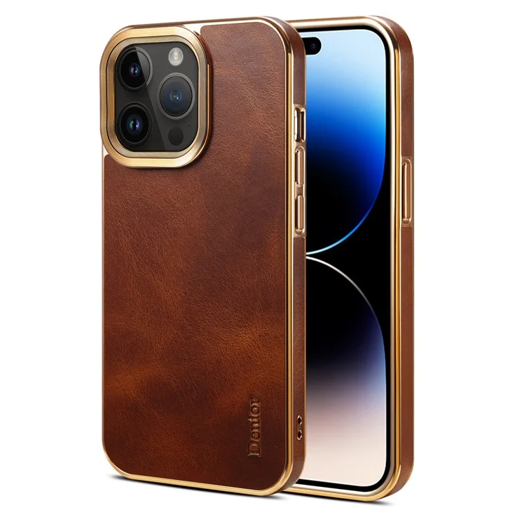 DENIOR Pour iPhone 14 Pro Max Étui Antidérapant Texturé Cireux Véritable Cuir de Vache+Cuir PU+PC Électrolytique Housse de Téléphone - Brun