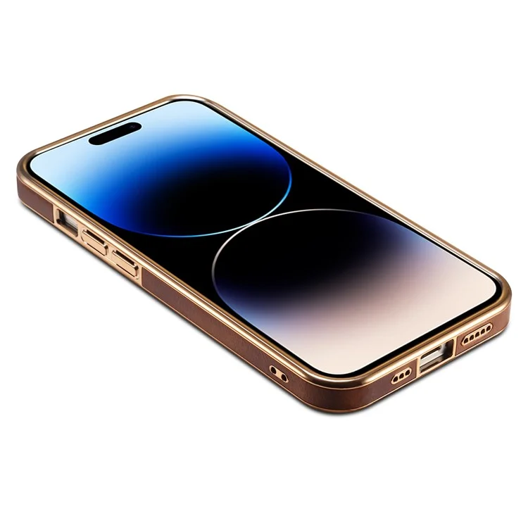DENIOR Pour iPhone 14 Pro Max Étui Antidérapant Texturé Cireux Véritable Cuir de Vache+Cuir PU+PC Électrolytique Housse de Téléphone - Brun