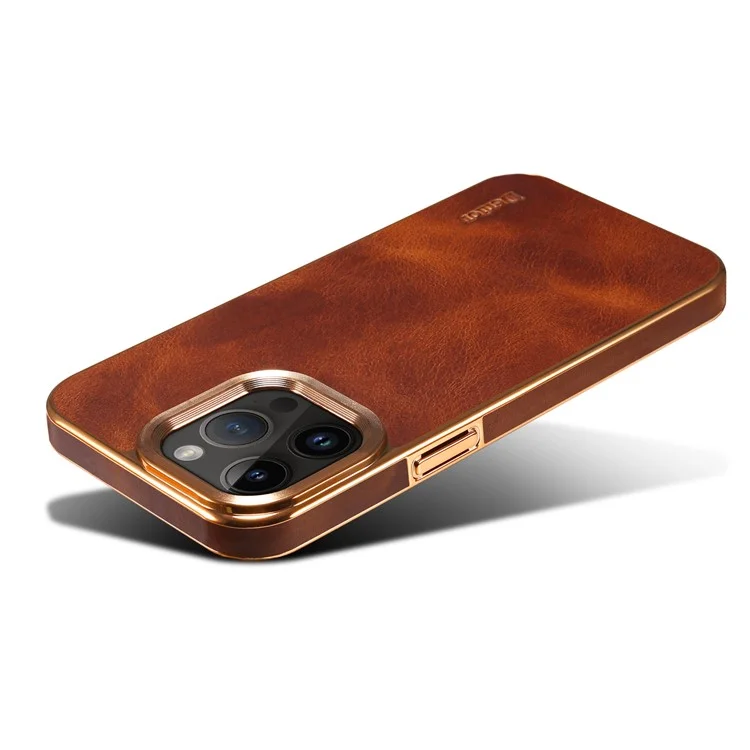DENIOR Pour iPhone 14 Pro Max Étui Antidérapant Texturé Cireux Véritable Cuir de Vache+Cuir PU+PC Électrolytique Housse de Téléphone - Brun