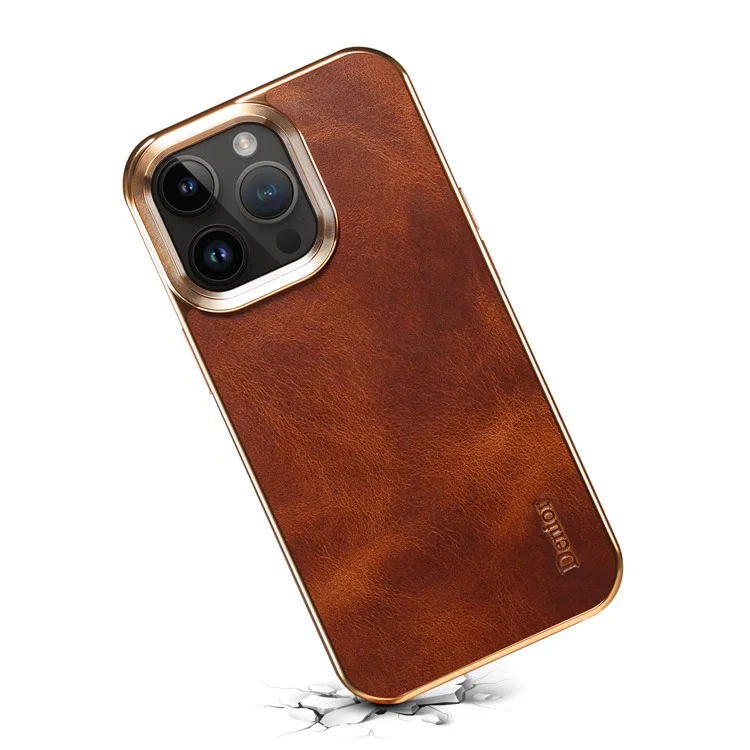 DENIOR Pour iPhone 14 Pro Max Étui Antidérapant Texturé Cireux Véritable Cuir de Vache+Cuir PU+PC Électrolytique Housse de Téléphone - Brun