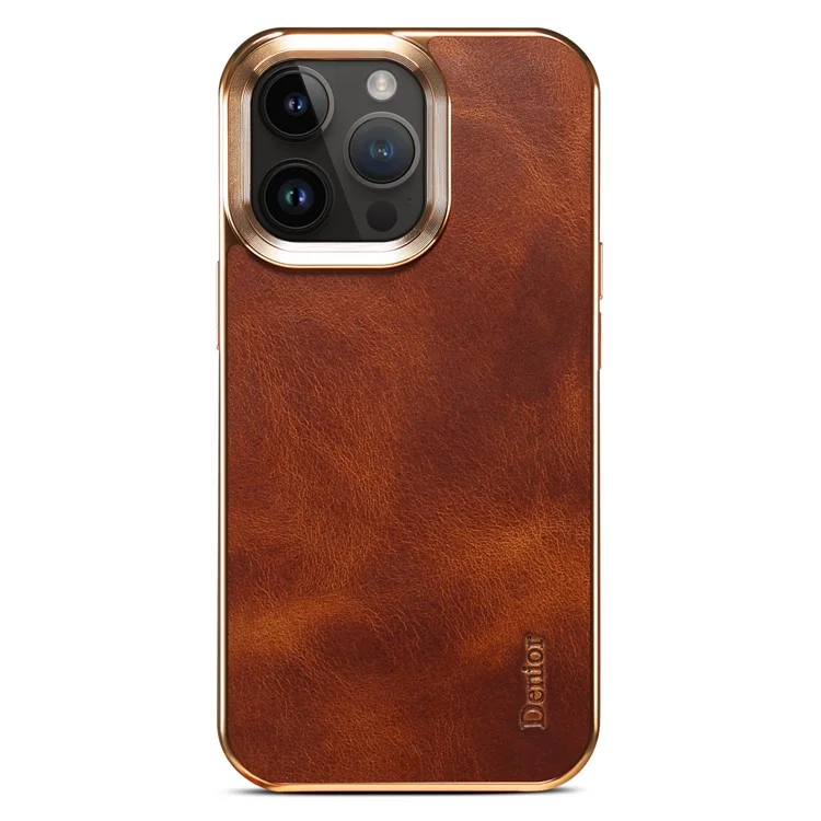DENIOR Pour iPhone 14 Pro Max Étui Antidérapant Texturé Cireux Véritable Cuir de Vache+Cuir PU+PC Électrolytique Housse de Téléphone - Brun