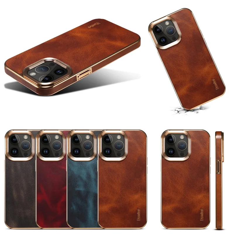 DENIOR For iPhone 13 Pro Max Electroplating Back Cover Genuine Cow Leather+PU Leather+PC Waxy Textured Phone Case - Brown