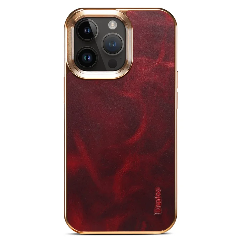 DENIOR для iPhone 13 Pro Waxy Texture Protective Case Genuine Cow Leather + PU Leather + PC Electroplating Phone Cover - Red