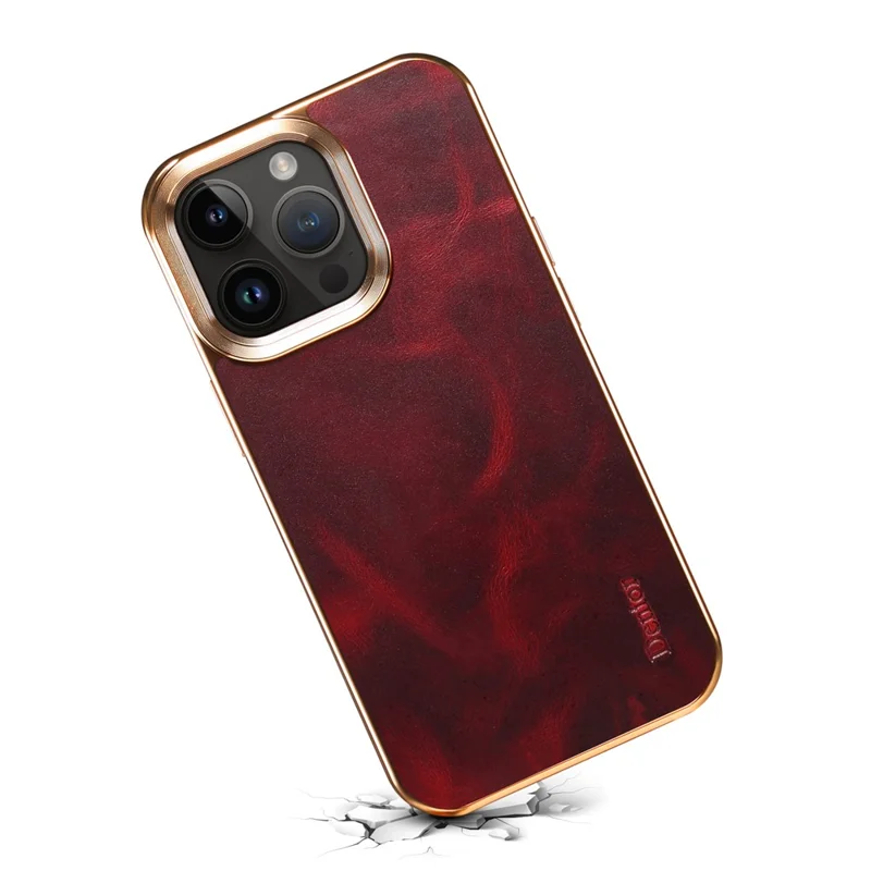 DENIOR для iPhone 13 Pro Waxy Texture Protective Case Genuine Cow Leather + PU Leather + PC Electroplating Phone Cover - Red