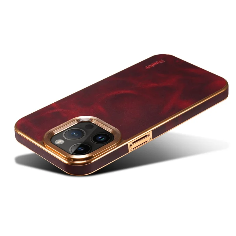 DENIOR для iPhone 13 Pro Waxy Texture Protective Case Genuine Cow Leather + PU Leather + PC Electroplating Phone Cover - Red