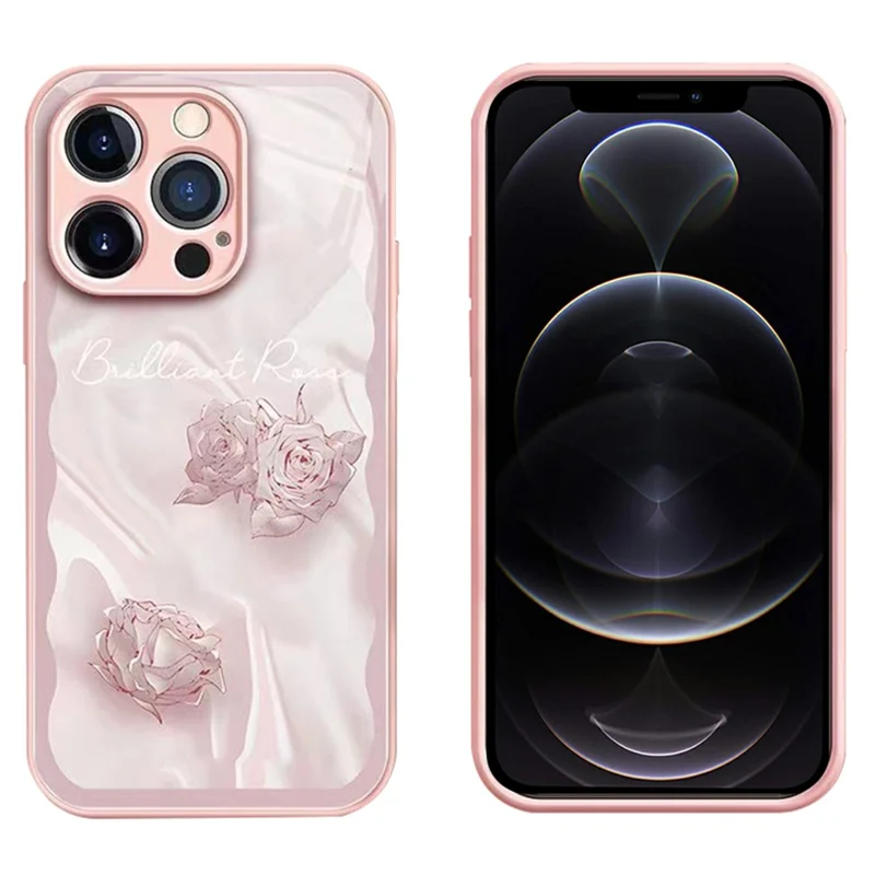 For iPhone 12 Pro 6.1 inch Rose Pattern Phone Case Anti-Scratch Tempered Glass+TPU Cover - Pink
