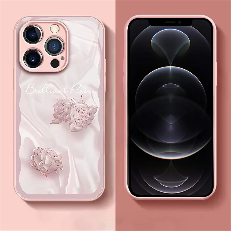 For iPhone 12 Pro 6.1 inch Rose Pattern Phone Case Anti-Scratch Tempered Glass+TPU Cover - Pink