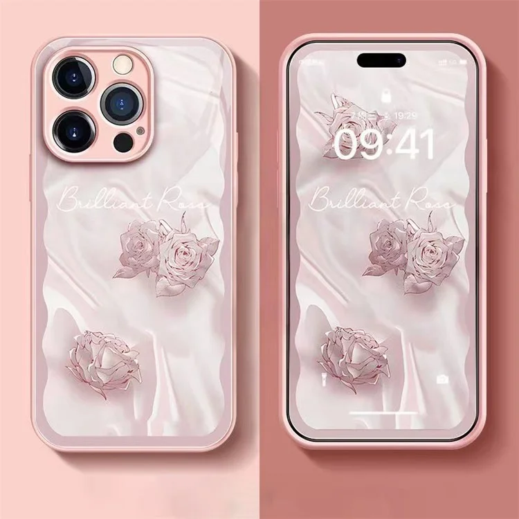 For iPhone 14 Pro Max Stylish Rose Pattern Phone Case Tempered Glass+TPU Shockproof Cover - Pink