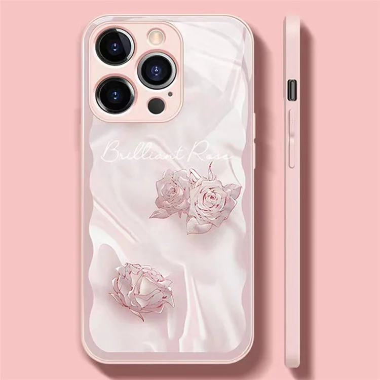 For iPhone 14 Pro Max Stylish Rose Pattern Phone Case Tempered Glass+TPU Shockproof Cover - Pink
