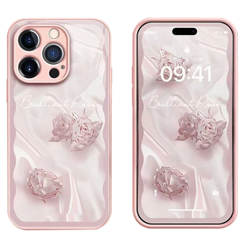 For iPhone 14 Pro Tempered Glass+TPU Anti-drop Cover Rose Pattern Phone Case - Pink