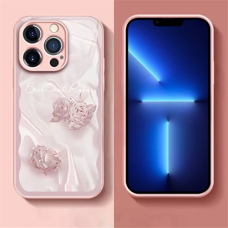 For iPhone 13 Pro 6,1 tommer, beskyttelsesdæksel med rosemønster, stødfast dæksel i temperskit og TPU - Pink