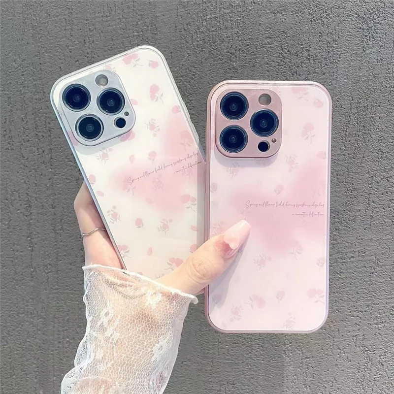 Phone Case for iPhone 14 Pro Max Metal Paint Tempered Glass+TPU Cell Phone Shell with Rose Flower Decor  - White
