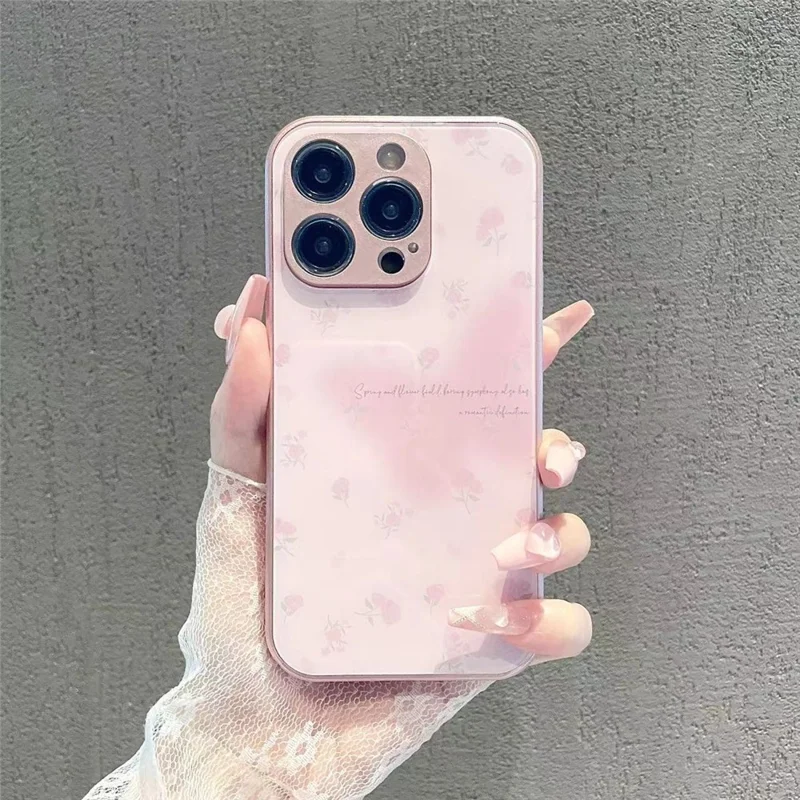 Phone Case for iPhone 14 Pro Max Metal Paint Tempered Glass+TPU Cell Phone Shell with Rose Flower Decor  - Pink