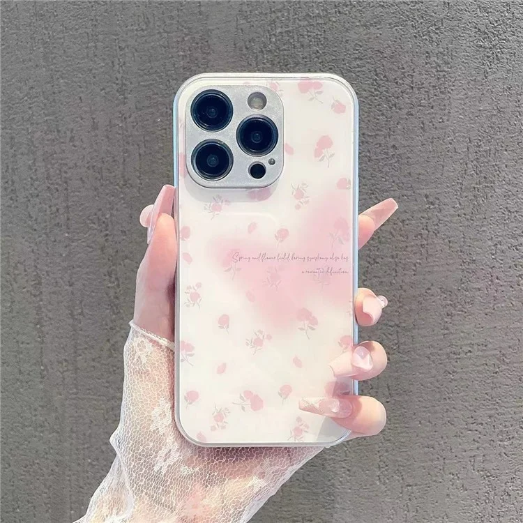 Para iPhone 12 Pro Max Rose Flower Decor Mobile Phone Case Metal Paint Tempered Glass+TPU Phone Shell - Blanco