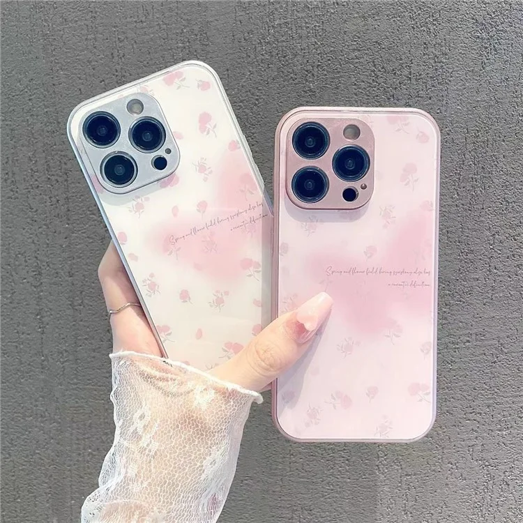 Para iPhone 12 Pro Max Rose Flower Decor Mobile Phone Case Metal Paint Tempered Glass+TPU Phone Shell - Blanco