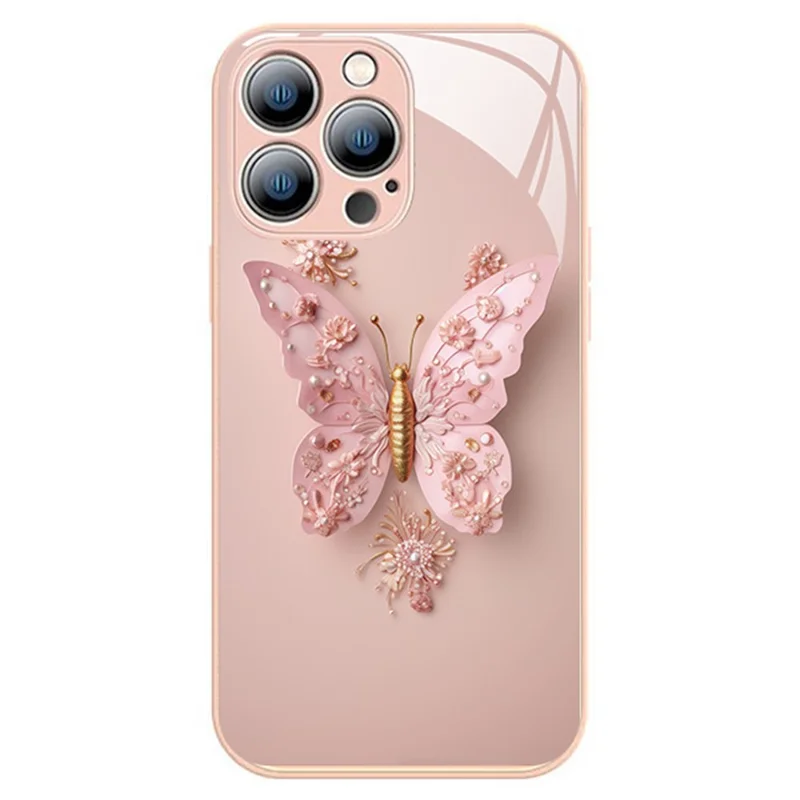 For iPhone 13 Pro 6.1 inch Stylish Butterfly Pattern Phone Case Tempered Glass+TPU Anti-scratch Cover - Pink