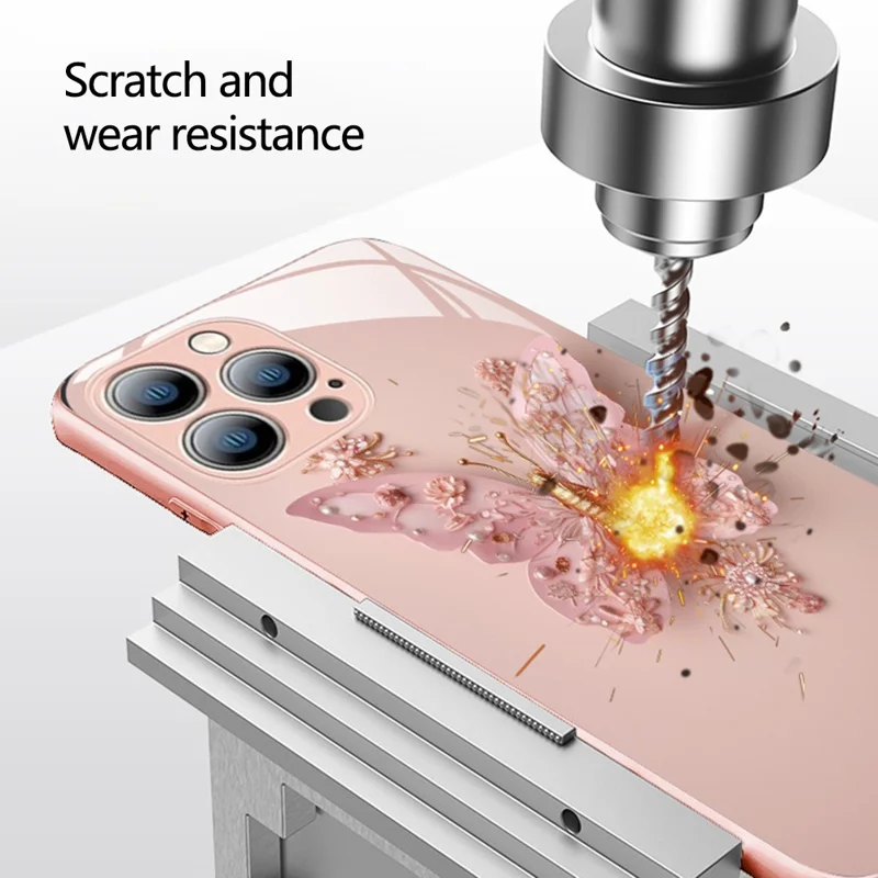 For iPhone 13 Pro 6.1 inch Stylish Butterfly Pattern Phone Case Tempered Glass+TPU Anti-scratch Cover - Pink