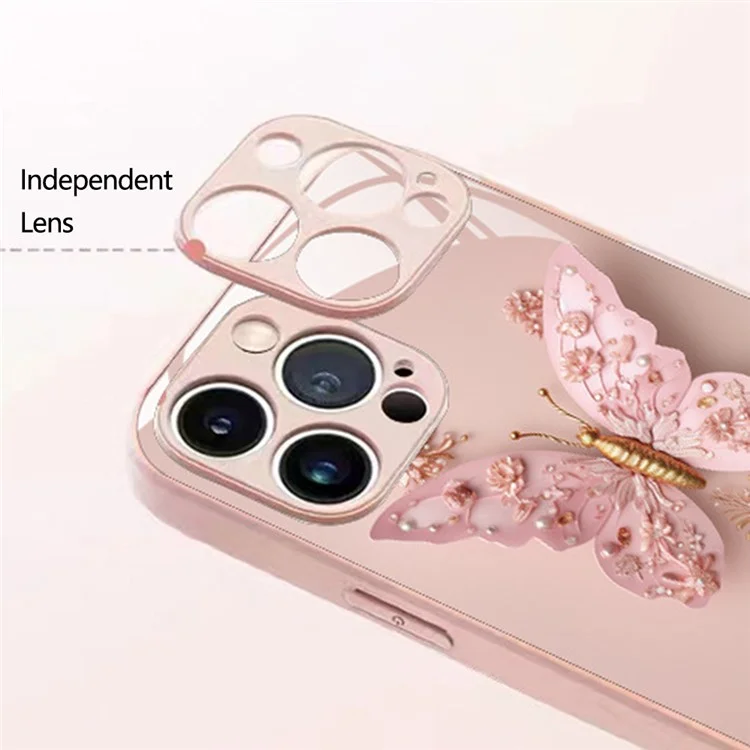 Tempered Glass+TPU Cover for iPhone 14 Pro Max Anti-drop Butterfly Pattern Phone Case - Pink
