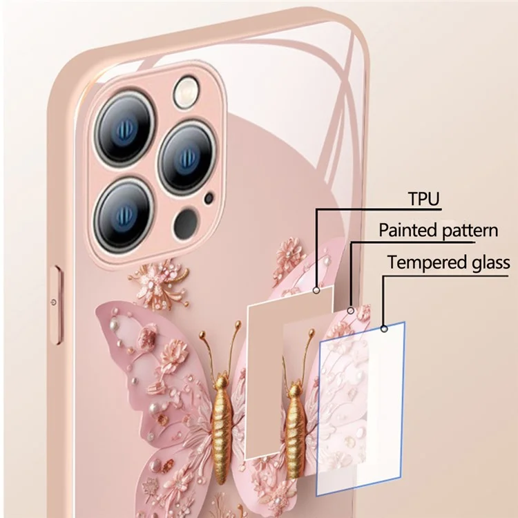 Tempered Glass+TPU Cover for iPhone 14 Pro Max Anti-drop Butterfly Pattern Phone Case - Pink