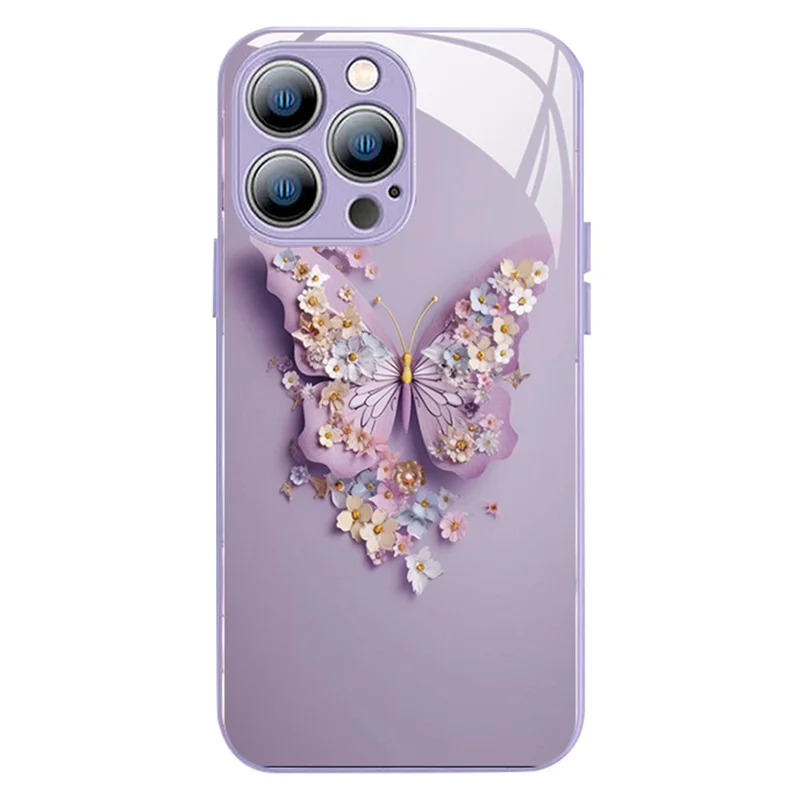 For iPhone 12 Pro Max 6.7 inch Butterfly Pattern Back Cover Tempered Glass+TPU Phone Case - Purple