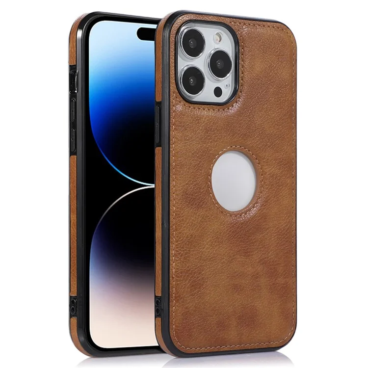 Weiche TPU+PU-Handyhülle für iPhone 14 Pro Max, stoßfeste dünne Hülle, Logo-Sichtfenster, Telefon-Cover - Braun