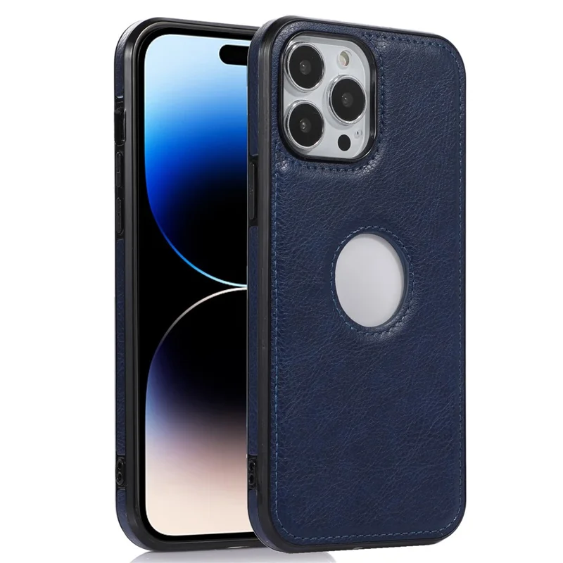 Soft TPU+PU Phone Case for iPhone 14 Pro Max Shockproof Slim Case Logo View Phone Cover - Blue