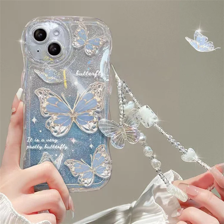 Für iPhone 14 Gradient Glitter Wavy Edge Phone Case Butterfly Pattern TPU Cover mit Kette - Blau