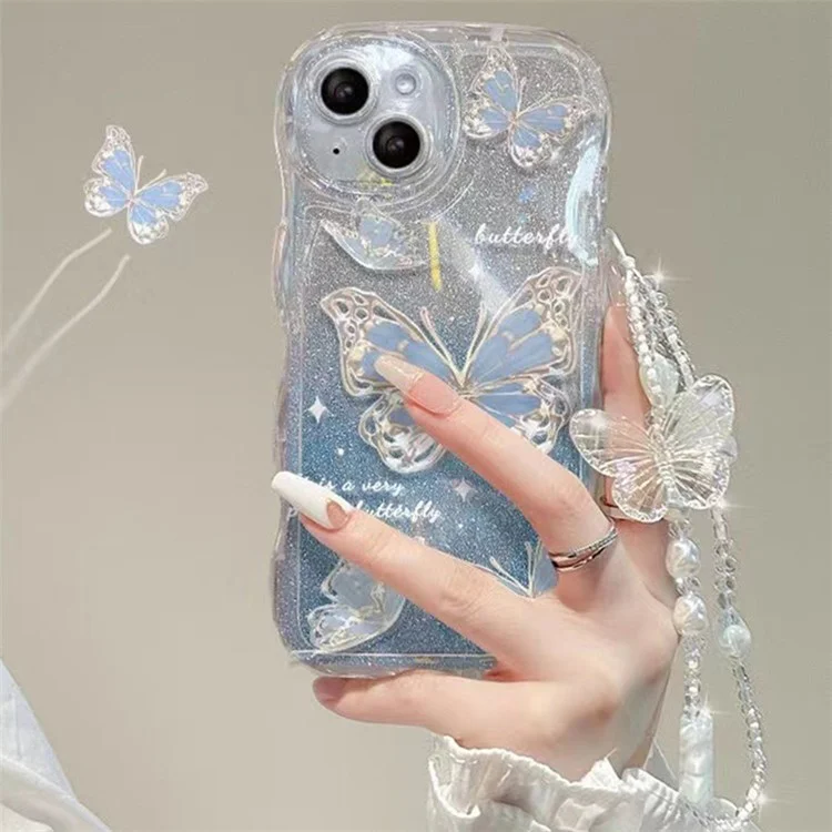 Für iPhone 14 Gradient Glitter Wavy Edge Phone Case Butterfly Pattern TPU Cover mit Kette - Blau