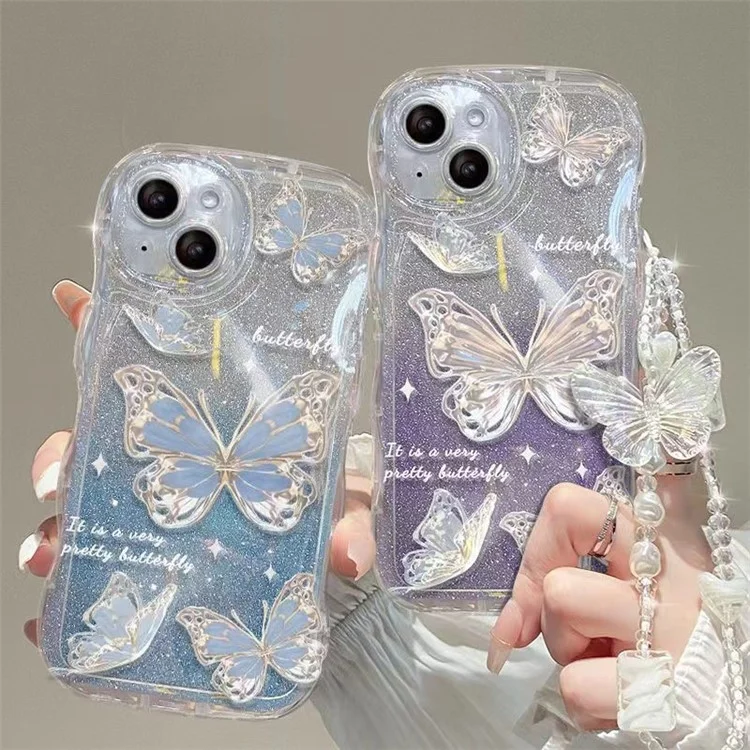 Чехол с волнистыми краями и бабочками для iPhone 13, мягкий TPU чехол с градиентным блестящим узором и цепочкой - синий