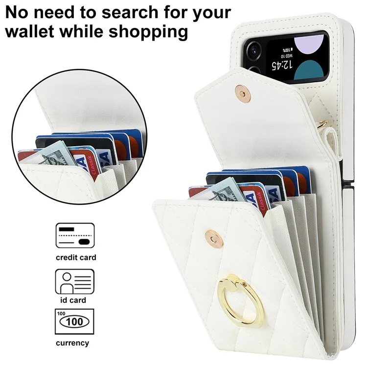 Étui de téléphone à emplacements multiples pour Samsung Galaxy Z Flip3 5G, étui en cuir+PC avec bloc RFID et support anneau - Blanc